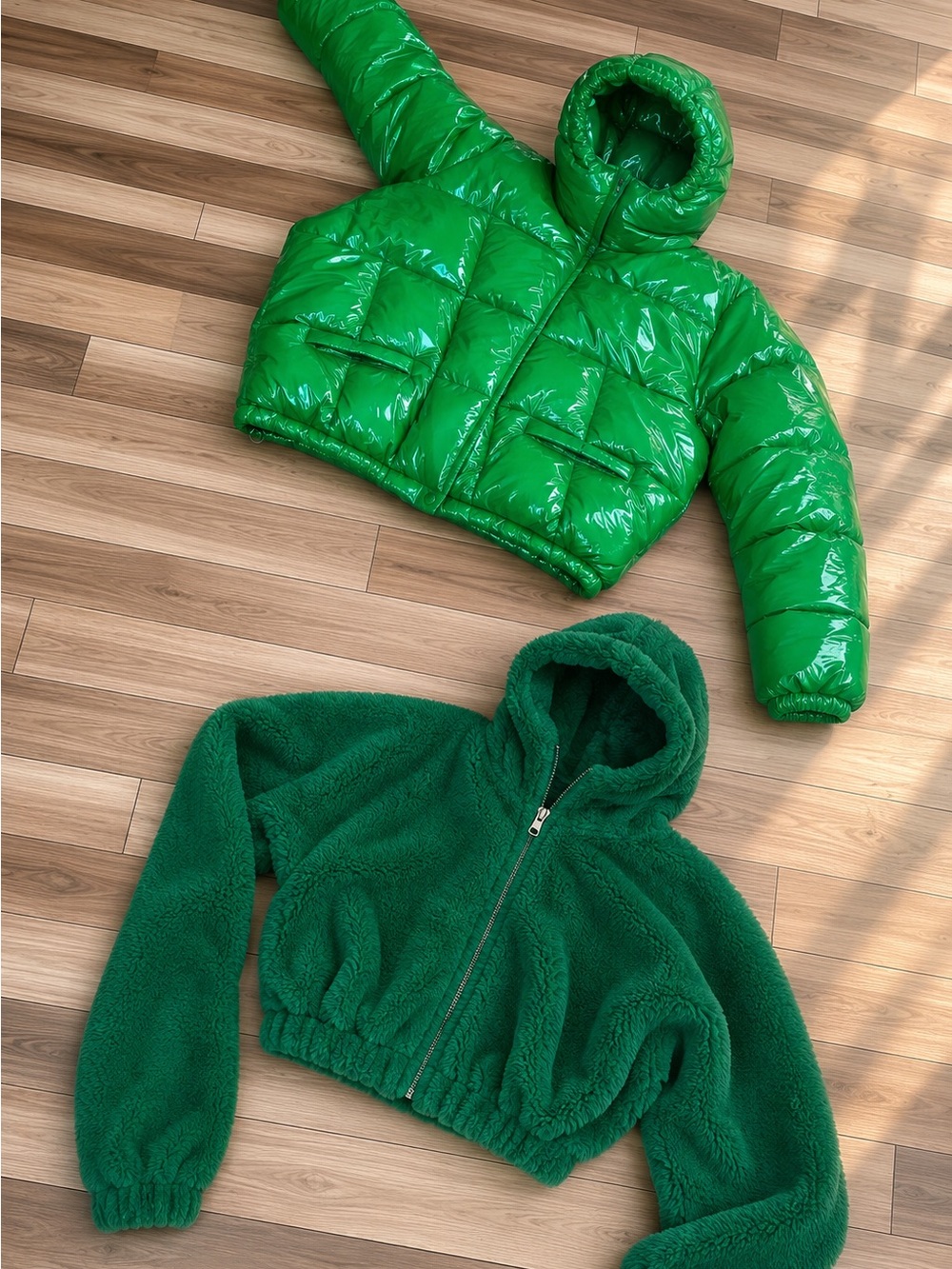 Green Shiny Puffer Jacket & Dark Green Sherpa Zip Hoodie
